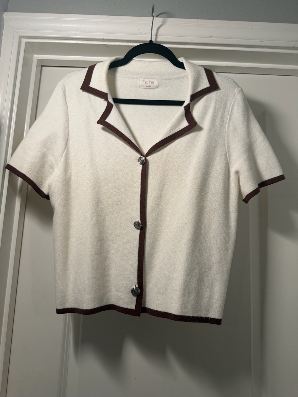 Fate Cream Short-Sleeve Knit Cardigan with Brown Trim